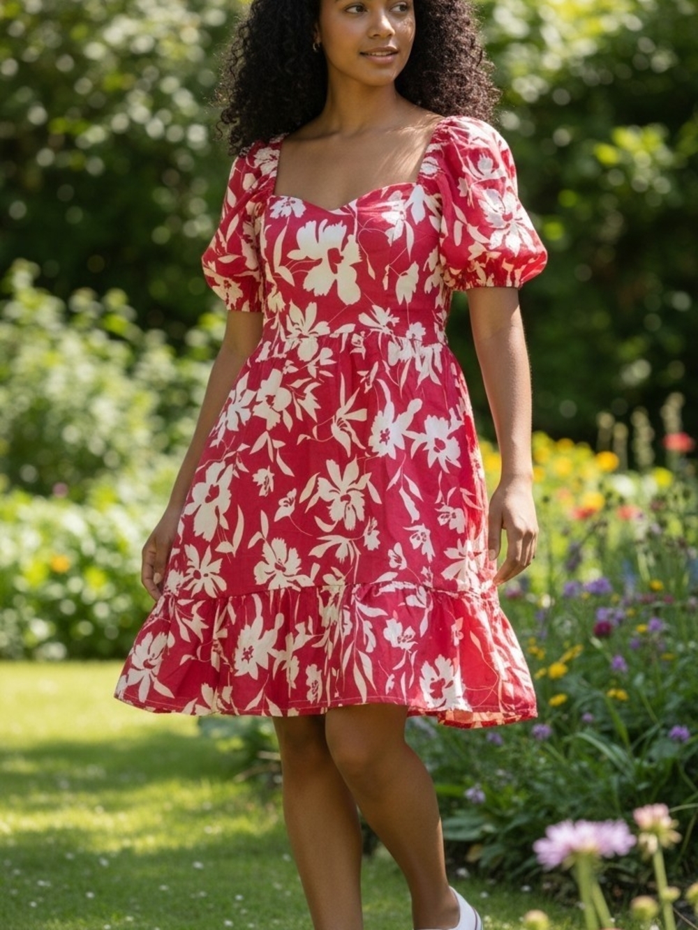 Red Floral Puff-Sleeve Dress - Women's Summer Dress